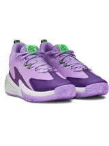 Championes de básquet Under Armour Curry 3Z 25, color violeta con detalles en blanco y verde neón. Presentan una combinación de cuero y malla en la parte superior, con entresuela Charged Cushioning para mayor amortiguación y suela de goma con patrón de tracción.