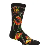Medias tipo crew de Volcom, color negro con estampado floral y de hojas en tonos rojo, amarillo y verde. Cuentan con tejido acanalado, soporte en el arco del pie y talón reforzado.