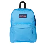 Mochila Jansport modelo Superbreak, color celeste liso, con un compartimento principal y un bolsillo frontal con cierre. Cuenta con asa superior negra.