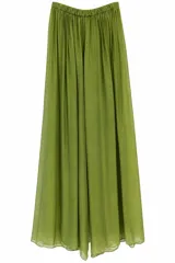 Pantalón palazzo color verde lima, de tiro alto con cintura elástica fruncida, confeccionado en tejido liviano y fluido con diseño amplio.