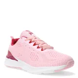 Championes deportivos de mujer en color rosado, confeccionados en tejido de malla transpirable con cordones al tono y suela blanca con amortiguación.