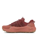 Championes de trail running Under Armour Fat Tire Venture Pro, color bordó con detalles en naranja y suela de caucho marrón. Presentan una parte superior de tejido ripstop con revestimientos de gamuza, sistema de cordones reforzados y amortiguación reactiva UA HOVR.