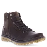 Botas de cuero color marrón con diseño de borceguí, cierre lateral y cordones frontales. Presenta suela de goma dentada en tono claro y costuras reforzadas.