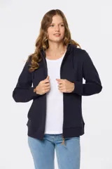 Canguro negro con capucha, cierre frontal y bolsillos laterales.