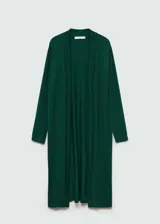 Cardigan largo de punto fino, color verde oscuro, con diseño recto, cuello en pico y manga larga sin cierre.