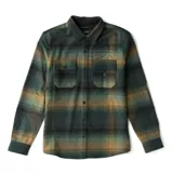 Camisa de manga larga confeccionada en mezcla de lana y poliéster con diseño de cuadros degradados en tonos verdes y marrones. Presenta cierre frontal con botones a presión, dos bolsillos frontales con solapa y paneles reforzados en los codos.