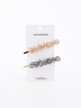 Pack de dos broches para el pelo tipo clip, decorados con flores formadas por cuentas de cristal facetado en tonos dorado y gris.