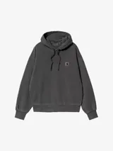 Hoodie Carhartt de calce holgado y silueta tipo globo, confeccionado en algodón con acabado lavado. Presenta capucha con cordones ajustables, puños y ruedo acanalados, y etiqueta cuadrada distintiva de la marca aplicada en el pecho.