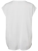 Camiseta básica de algodón orgánico, color blanco brillante, con cuello redondo y mangas cortas dobladas.