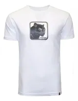 Remera blanca de algodón con estampa de una pantera negra enmarcada en un recuadro con el nombre "Panther" debajo. Marca Goorin Bros.