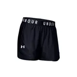 Short de entrenamiento para mujer Under Armour, color negro, con cintura elástica ancha que lleva el logo de la marca en blanco y logo pequeño en la pierna izquierda.