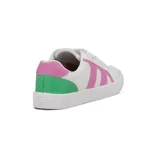 Championes deportivos de mujer, color blanco, con detalles en rosa y verde. Presentan cordones blancos y suela de goma texturizada.