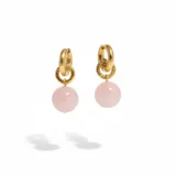 Aros tipo argolla pequeña con acabado texturizado y dije colgante de piedra esférica en color rosado.