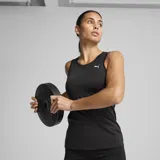 Musculosa deportiva Puma W TAD Essential Sleeveless Tank, de color negro con el logo de la marca en blanco en el pecho.