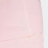 Remera de running Adidas de manga corta, color rosa pálido, con cuello redondo y ajuste regular. Presenta las tres franjas reflectantes en las mangas y el logo de Adidas en el pecho.