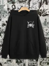 Canguro negro de felpa con capucha y bolsillo delantero. Estampado en el pecho con el logo de Zoro de One Piece.