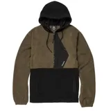 Campera de polar con capucha y cierre frontal parcial, diseño en bloques de color verde oliva y negro, con bolsillo frontal y logo de la marca.