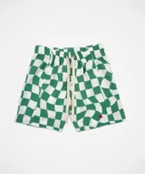 Short de baño verde y blanco con estampado de cuadros ondulados, corte cuadrado, cintura elástica ajustable con cordón de algodón, secado ultrarrápido y bolsillos laterales y traseros. No incluye rejilla interior.