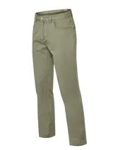Pantalón de gabardina de corte recto para hombre, color verde militar, con diseño clásico de cinco bolsillos y cierre frontal con botón y cremallera.