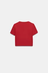Camiseta corta de manga corta con diseño a rayas horizontales en azul marino y blanco, cuello redondo en tono oscuro y corte ajustado.