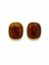 Aros tipo botón con diseño rectangular de bordes redondeados, en tono carey marrón con marco dorado.