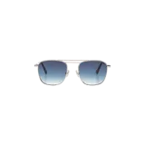Lentes de sol con armazón cuadrado de metal plateado y doble puente, con cristales degradados en tonos azules.