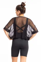 Crop top negro de tul con mangas cortas y corte holgado.