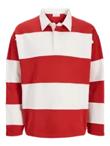 Buzo tipo polo de manga larga con diseño de franjas horizontales anchas en color rojo y blanco, cuello camisero blanco y cierre frontal parcial con solapa y botones ocultos.