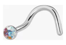 Piercing para la nariz de acero quirúrgico con forma de gancho y un cristal redondo color celeste. Largo de 8mm y grosor de 0.6mm.