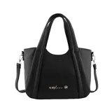 Cartera tipo tote de la marca Las Oreiro, color negro con textura granulada. Presenta doble asa superior y correa larga ajustable y extraíble. Incluye el logo de la marca grabado en la parte superior y el nombre de la colección 'o, my love' en letras doradas en la parte inferior.