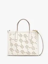 Cartera tote color blanco con monograma TH troquelado, doble asa de mano y correa larga extraíble y ajustable.