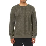 Buzo de punto trenzado color verde oliva, con cuello redondo, mangas largas y puños y ruedo acanalados.