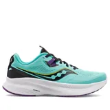 Championes Saucony Guide 15 de running, color celeste con detalles en negro, amarillo y violeta.