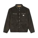 Campera tipo overshirt de pana color negro, con cierre frontal de botones metálicos, bolsillos superiores con cierre y forro interior de corderito.