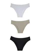 Pack de tres bombachas bikini Del Río de algodón egipcio en colores blanco, beige y negro.