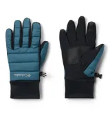 Guantes deportivos Columbia con tecnología termorreflectante Omni-Heat y tratamiento repelente Omni-Shield. Presentan diseño acolchado en color azul con palma reforzada en negro, puños elásticos y compatibilidad con pantallas táctiles.