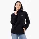 Buzo polar de mujer con cuello alto y cierre frontal parcial con botones a presión. Presenta un diseño de manga larga con puños elásticos y un parche con logo en el pecho.