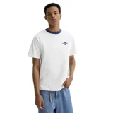 Remera blanca de algodón con cuello redondo azul y logo estampado en el pecho.