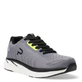 Championes deportivos de hombre en color gris, con cordones negros, detalles en amarillo neón y suela blanca con base negra.