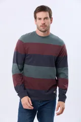 Remera de manga larga con diseño de franjas horizontales en tonos verde militar, bordó y azul marino, con cuello redondo y pequeño texto estampado en el pecho.