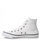 Championes de caña alta Converse modelo Chuck Taylor All Star, confeccionados en cuero blanco con puntera de goma y suela con franjas negras.