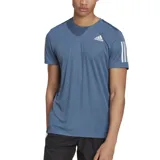 Remera de running Adidas Own The Run color azul con tres tiras blancas en las mangas y logo blanco en el pecho.