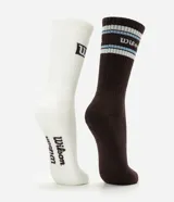 Kit de dos pares de medias deportivas de caña alta marca Wilson. Un par es de color blanco con logo negro y el otro es de color marrón con rayas horizontales celestes y blancas y logo bordado. Cuentan con tejido acanalado en la caña para un mejor ajuste.