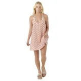 Vestido corto de playa con estampado floral en tonos naranja y blanco, con breteles finos y escote en V.