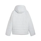Campera puffer color lila con capucha y cierre frontal.