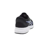 Championes de running Asics modelo Patriot 12, color negro con detalles en azul brillante y suela blanca. Presentan diseño de malla transpirable y el logo característico de la marca en los laterales.