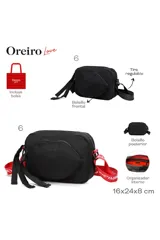 Bandolera negra de diseño compacto con bolsillo frontal en forma de labios. Cuenta con cierre superior, tiradores de tela y correa ajustable en color rojo con inscripciones blancas.