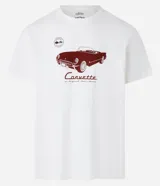 Remera de algodón blanca de corte comfort, con cuello redondo, mangas cortas y estampa frontal de un carro Corvette de Chevrolet en color bordó.