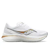 Championes Saucony Endorphin Speed 3 para mujer, color blanco con detalles en dorado y negro.