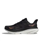 Championes de running Hoka Clifton 9, color negro con detalles en bronce y suela blanca.